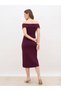 Women Burgundy Embellished Off-Shoulder Sheath Midi Dress - 5