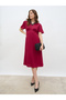 Women Red Lace Insert V Neck A-Line Midi Dress