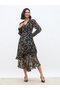 All-Over Print Asymmetric Hem Wrap Midi Dress - 2