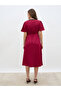 Women Red Lace Insert V Neck A-Line Midi Dress - 5