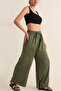 Woven Viscose Elastic Palazzo Pocket Pants Khaki
