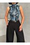 Women's Black Baby Blue Blue Snake 3-Piece Stand Collar Zero Sleeve Blouse - 4