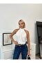 Women's Ecru Halter Neck Zero Sleeve Sandy Fabric Blouse with Buttons on the Back - 6
