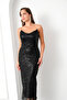 Women's Black Tight Fit Strapless Sequined Pencil Evening Dress - 3