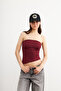 Women's Gathered Asymmetrical Strapless Burgundy Blouse