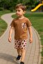 Boy's Brown Cool World Lettering T-Shirt and Leaf Pattern Shorts Set |   Summer 2-Piece Combination