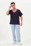 100% Cotton Oversize Dirty Stitching V-Neck Navy Blue Tril Tril Muslin T-Shirt - 4