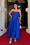 Taffeta Satin Fabric Strapless Midi Dress - Cobalt Blue