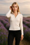 Women's White Collar Zipper Full Length Long Sleeve Blouse