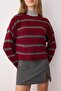 Bordo Crop Basic Geniş Kalıp Çizgili Triko Kazak TWOAW23KZ00390 - 3