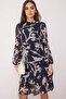 Navy Blue Waist Opening Flounced Stand Collar Lined Midi Chiffon Flight Flight Winter Dress Twoaw21El0354 - 2