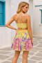 Flower Pattern Straples Neck Lacing Detailed Cutout Mini Dress - 3