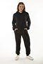 Women's Large Size Black Kangaroo Pocket and Hooded Sweatshirt Trousers Buttoned Suit 65N37053
