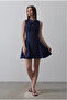 Navy Blue Dress with Lace-Up Bust and Flared Hem - 4