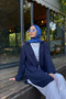 Women's Navy Blue Linen Kimono with Tie Detail - 5