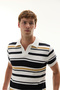 Men's Mustard Color Striped Polo Collar Short Sleeve Knit Sweater - 3