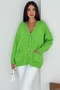 Women's Green Wide Fit Standard Size Double Pocket Button Detailed Off Shoulder Oversize Knitwear Cardigan - 4