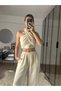 Mia Ecru Muslin Fabric Halter Neck Trousers Blouse Set - 3
