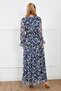 Women's Floral Pattern Navy Blue V-Neck Lined Elastic Waist Chiffon Dress Suitable for Hijab - 3