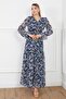 Women's Floral Pattern Navy Blue V-Neck Lined Elastic Waist Chiffon Dress Suitable for Hijab