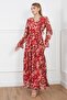 Women's Shawl Pattern Burgundy V-Neck Lined Elastic Waist Chiffon Dress Suitable for Hijab