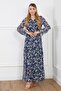 Women's Floral Pattern Navy Blue V-Neck Lined Elastic Waist Chiffon Dress Suitable for Hijab - 6