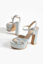 Elastic Cross Strap High Platform Silver Glitter Shoes - 3