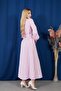 Women's Pink Striped Brode Detailed Long Sleeve Basic Shirt Dress with Elastic Sleeves - 7