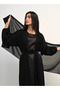 Black Pleated Front Open Abaya 3 pieces Set - 2