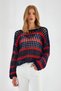 6877 Women's Striped Openwork Boat Neck Knitwear Sweater Navy Blue