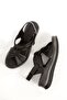 Linyas Black Genuine Leather Summer Sandals Wedge Heels Velcro Shoes