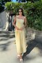 Yellow – Cotton Long Summer Women's Dress – Tie-Detail Strappy Ruched Unlined - 5