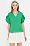 Women Light Green V Neck Ruffled Short Sleeve Blouse Arm-25Y001031 - 5