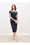 Women Navy Blue Embellished Off-Shoulder Sheath Midi Dress
