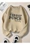 Throat Punch Printed Crew Neck Beige Sweatshirt