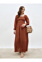 Women Rust Smocked Square Neck A-Line Maxi Dress with Schiffli Hem