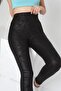 Black Patterned High Waist Gathering Diving Fabric Leggings with Pockets - 3