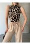 Women's Black Ecru Large Leopard 3-Piece Stand Collar Zero Sleeve Blouse - 2