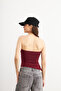Women's Gathered Asymmetrical Strapless Burgundy Blouse - 4