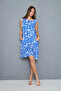 Women's Blue Turban Patterned Circle Neck Skirt Ruffle Wrap Dress