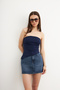 Women's Gathered Asymmetrical Strapless Navy Blue Blouse - 4
