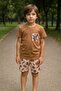 Boy's Brown Cool World Lettering T-Shirt and Leaf Pattern Shorts Set |   Summer 2-Piece Combination - 2