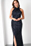 Women's Navy Blue Slim Fit Sequin Embroidered Fish Evening Dress - 3