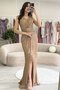 Women's Double Breasted Neck Sequin Zero Sleeve Slit Fish Evening Dress Black, Mink, Red, Beige, Turquoise