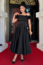 Satin Fabric Rose Detailed Midi Dress - Black