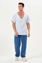 100% Cotton Oversize Dirty Stitching Wide V-Neck Baby Blue Muslin T-Shirt - 4