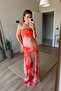Orange Salmon Strapless Belted Draped Premium Tulle Dress - 3