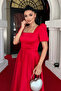 Satin Fabric Square Neck Balloon Sleeve Midi Dress - Red - 4