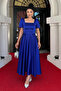 Satin Fabric Square Neck Balloon Sleeve Midi Dress - Cobalt Blue