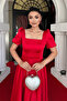 Satin Fabric Square Neck Balloon Sleeve Midi Dress - Red - 3